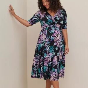 NWT Torrid Ruched Front Midi Dress Studio Knit Purple Floral Size 1 1X